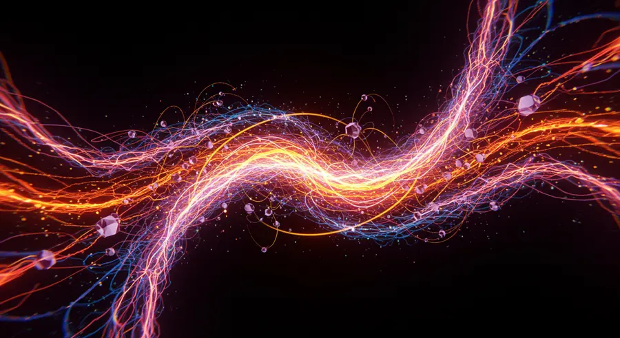 Abstract visual representing data scaling and high performance for databases, with flowing data streams and interconnected nodes